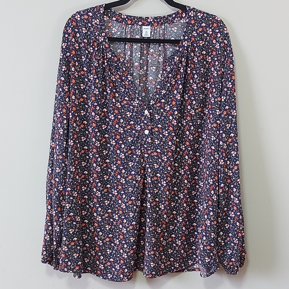 Old Navy Women Festival Floral Boho Peasant Beach Split Neck Popover Top XXL